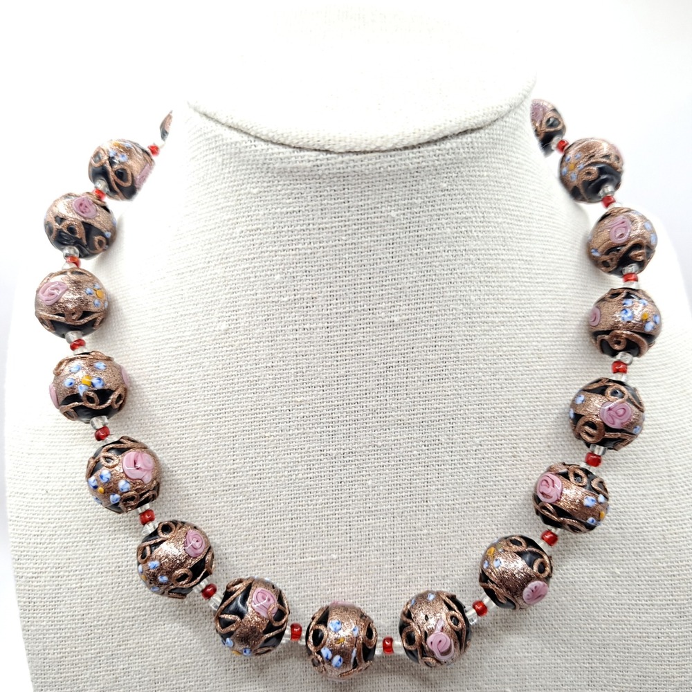 Vintage Wedding Cake Bead Necklace Millefiori Glass Goldtone Black Pink 15" READ - Picture 10 of 14